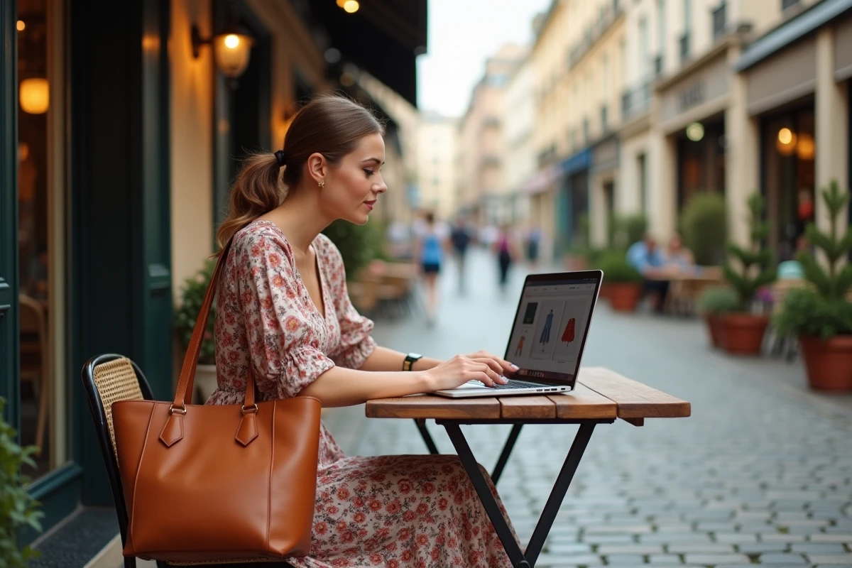 Femme élégante consultant des bons plans mode en ligne sur son ordinateur portable en terrasse de café parisien