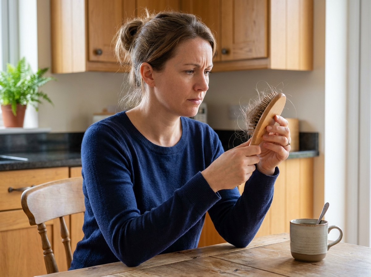 Femme brune tenant une brosse à cheveux remplie de cheveux perdus à la maison, illustrant la problématique de la chute de cheveux féminine