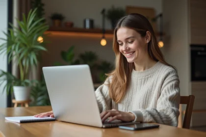 Femme souriante utilisant un ordinateur dans un intérieur cosy