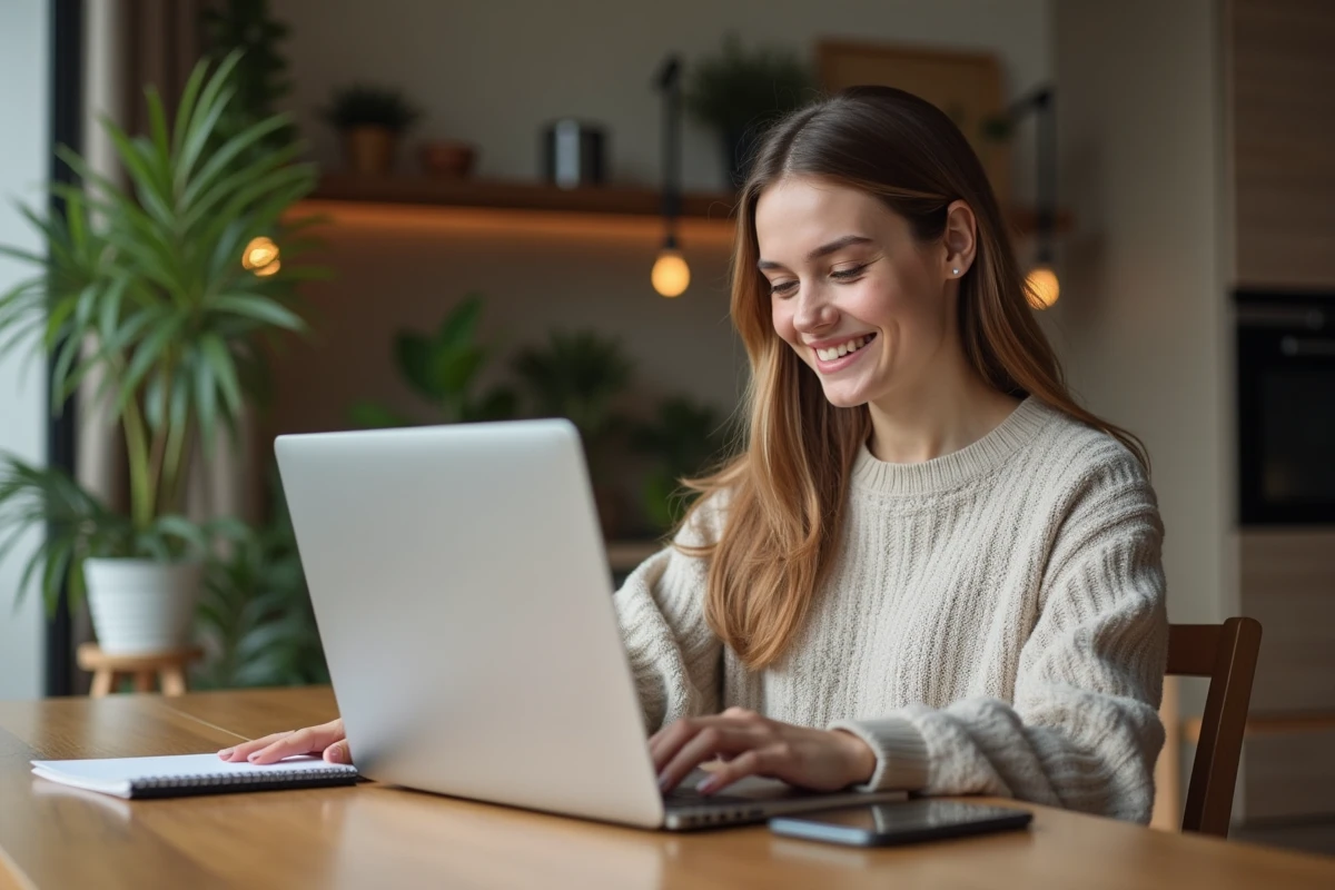 Femme souriante utilisant un ordinateur dans un intérieur cosy