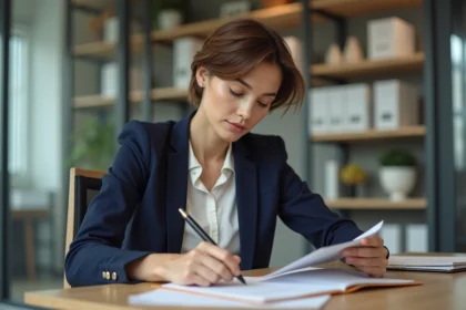 Femme au bureau remplissant des papiers dans un espace moderne