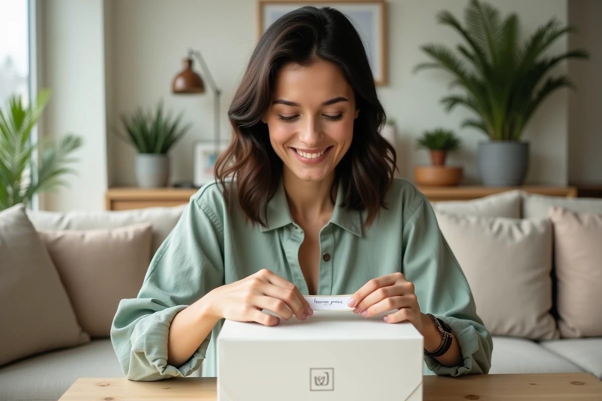 Femme déballant un cadeau personnalisé élégant dans un salon moderne en 2026, concept de cadeau sur mesure Vie en Mode