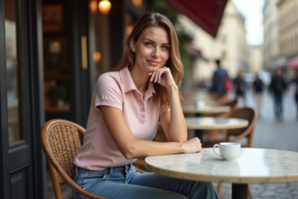 Femme élégante en polo pastel dans un café parisien