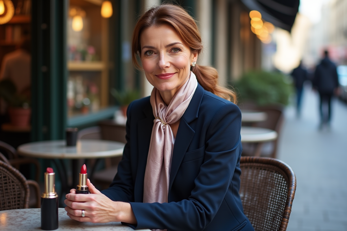 Femme élégante tenant un lipstick dans un café parisien