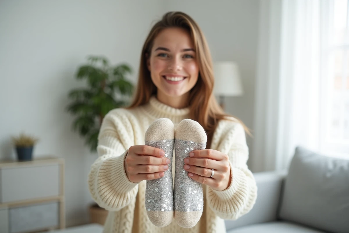 Femme tenant une paire de chaussettes pailletées personnalisées avec son prénom, souriant dans un salon moderne