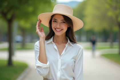Femme élégante portant un chapeau beige dans un parc urbain