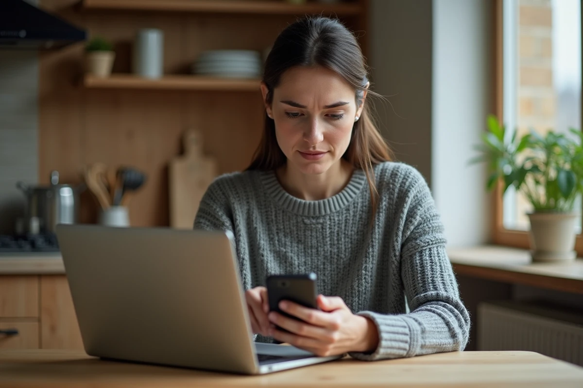 Femme inquiète vérifiant une notification de colis non récupéré sur Vinted depuis son téléphone à table