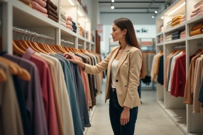Femme parcourant un portant de vêtements en promotion lors d'un grand déstockage mode dans une boutique moderne