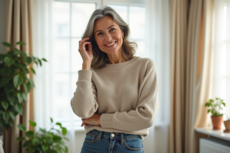 Femme élégante en cashmere et jeans dans un intérieur lumineux
