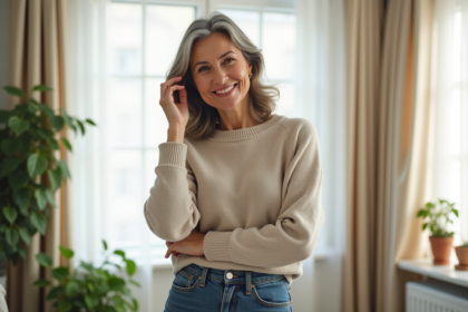Femme élégante en cashmere et jeans dans un intérieur lumineux