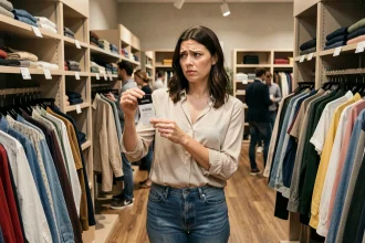 Femme tenant une étiquette de vêtement confuse dans un magasin de mode, illustrant la complexité des catégories vestimentaires