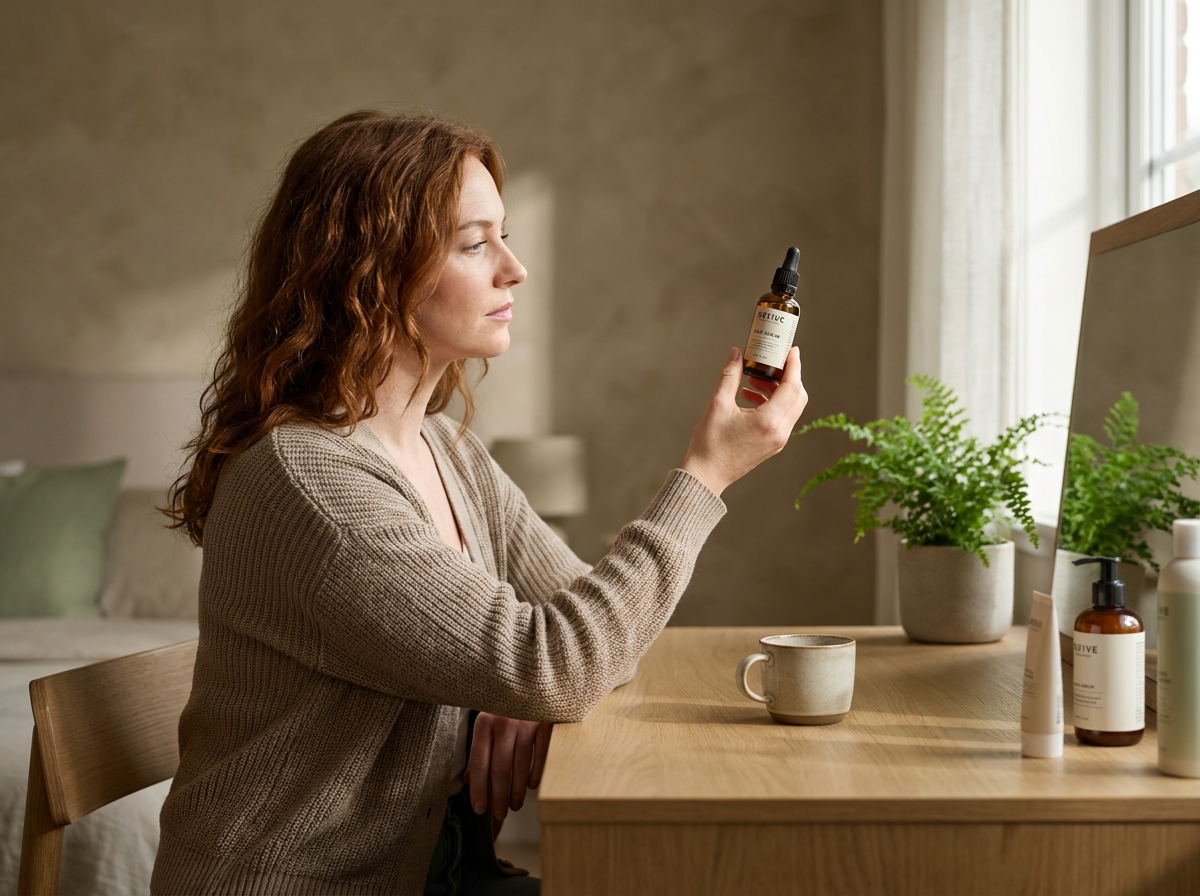 Femme examinant un flacon de sérum capillaire anti-chute sur une coiffeuse en bois dans une chambre