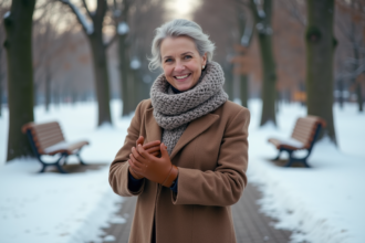 Femme d'hiver essayant des gants en cuir dans un parc enneige