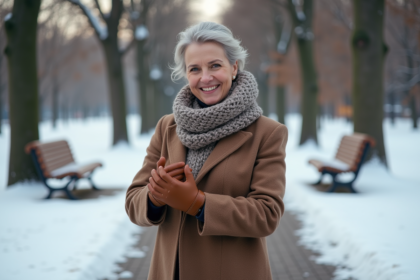 Femme d'hiver essayant des gants en cuir dans un parc enneige