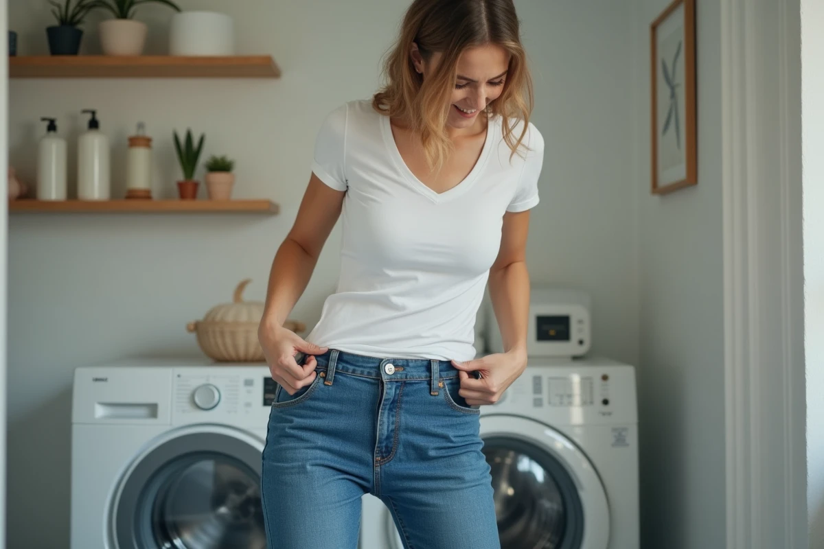 Femme essayant d'enfiler un jean rétréci trop serré après un lavage à haute température dans une buanderie