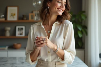 Femme élégante portant bagues en argent et pierres précieuses