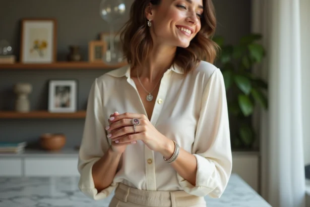 Femme élégante portant bagues en argent et pierres précieuses