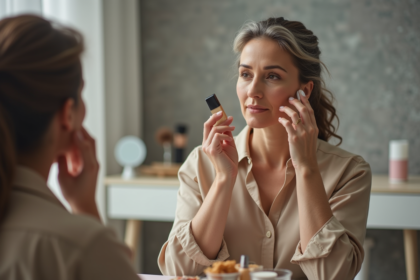 Femme appliquant fond de teint devant miroir dans chambre
