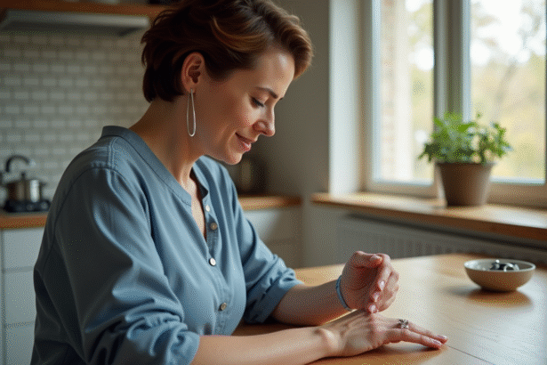 Femme mesurant son doigt avec un ruban à la maison