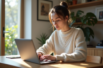 Femme moderne naviguant sur un laptop pour la mode vintage