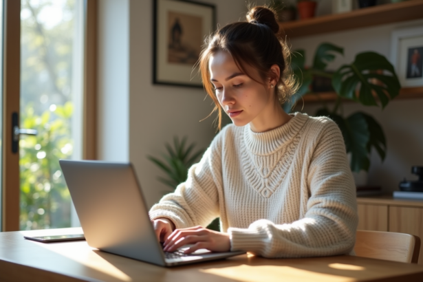 Femme moderne naviguant sur un laptop pour la mode vintage