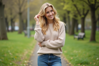 Femme souriante dans un parc au printemps