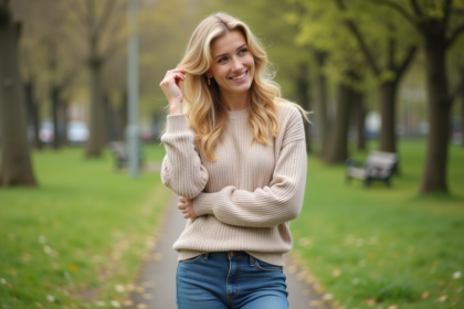 Femme souriante dans un parc au printemps