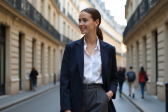 Femme élégante en blazer à Paris avec bâtiments anciens