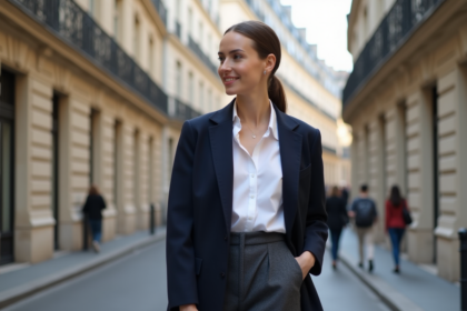 Femme élégante en blazer à Paris avec bâtiments anciens