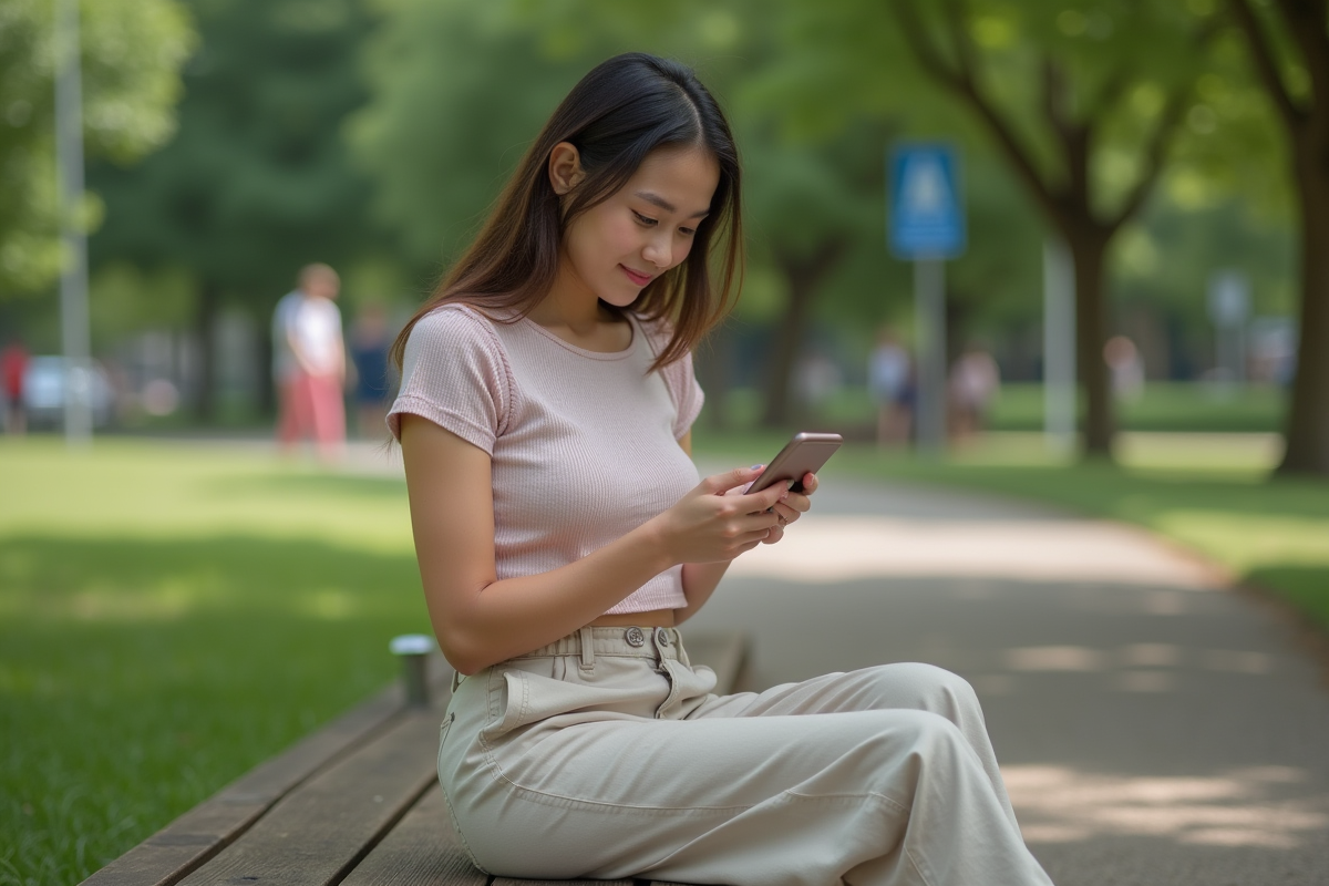 Jeune femme assise dans un parc lisant son téléphone