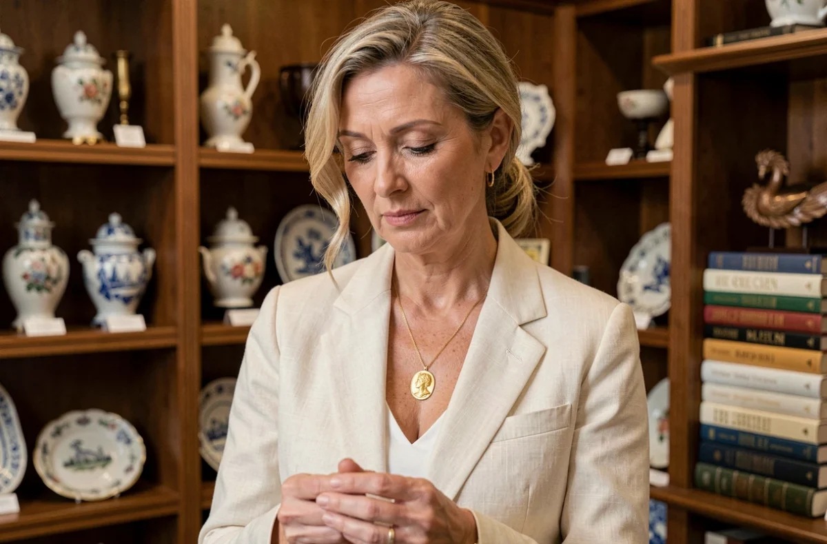Femme portant un pendentif camée en or 18 carats dans une salle d'exposition d'antiquités