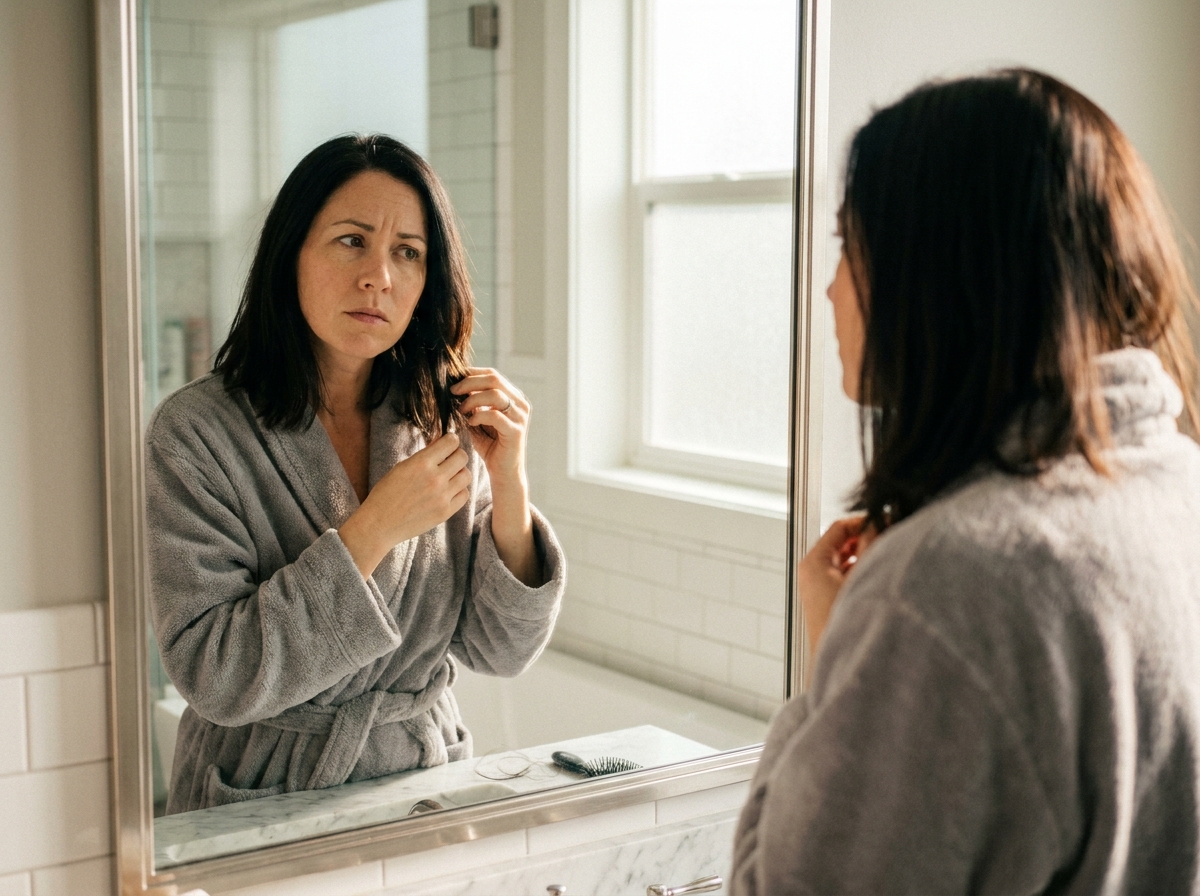 Femme aux cheveux bruns dans une salle de bain moderne qui observe sa chute de cheveux dans le miroir, exprimant une légère inquiétude