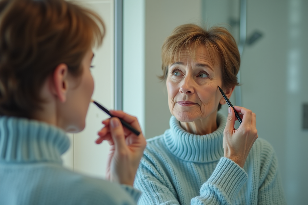 Femme dessinant un crayon à lèvres dans salle de bain