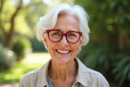 Femme senior souriante portant lunettes rouges en extérieur