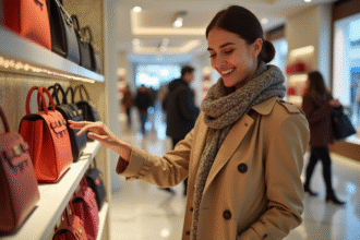 Femme élégante dans un magasin de sacs à main