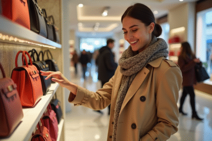 Femme élégante dans un magasin de sacs à main