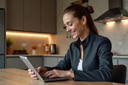 Femme souriante portant une veste connectee en cuisine