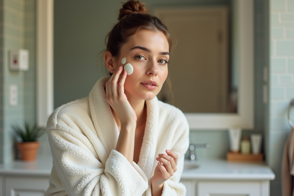 Femme appliquant du gel d'aloe vera sur le visage dans la salle de bain