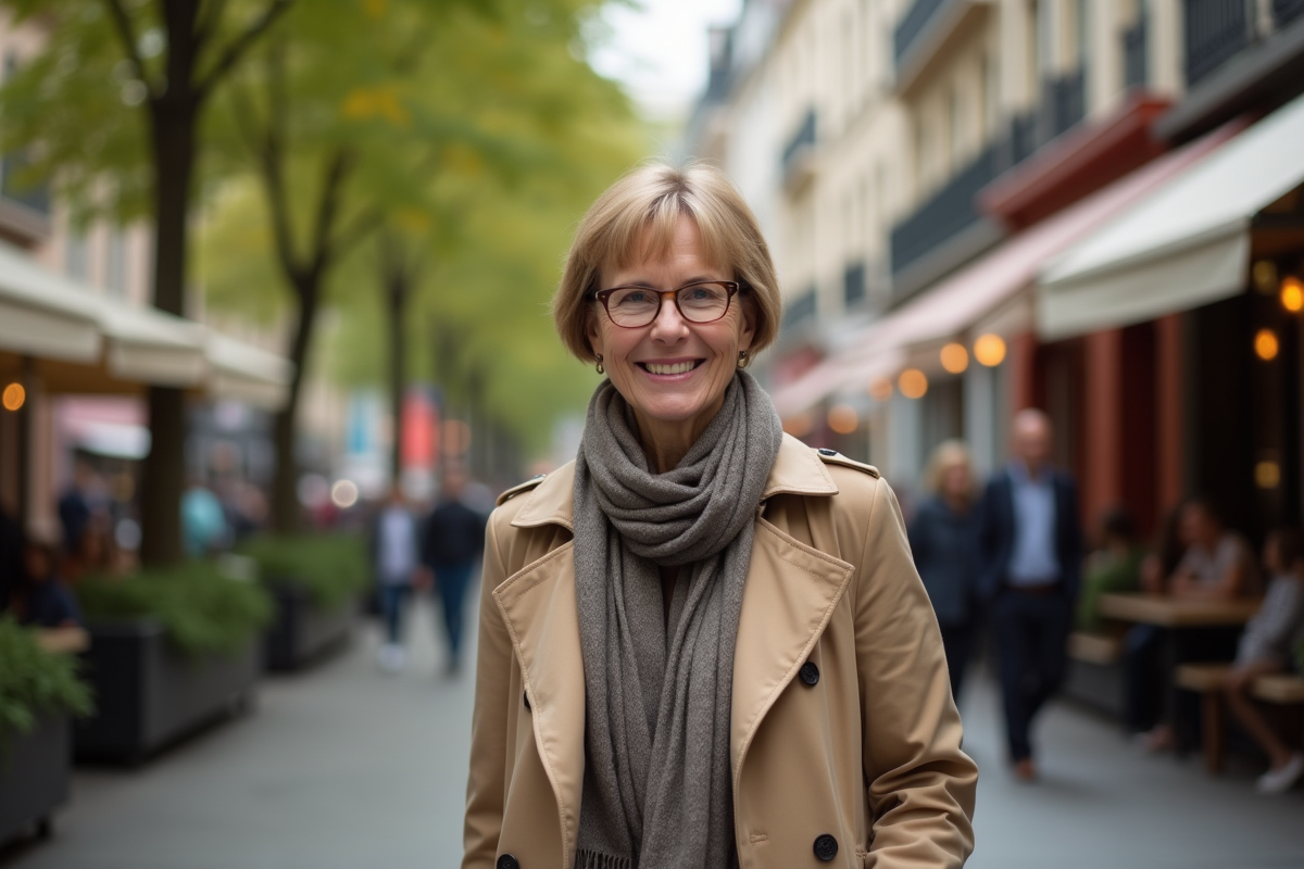 Femme en trench et foulard marche en ville avec arbres et cafés