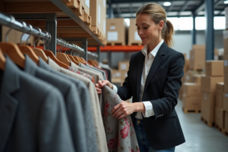 Femme élégante triant des vêtements de créateurs dans un entrepôt moderne