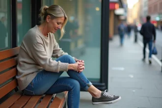 Femme assise à un arrêt de bus en train de retirer sa chaussure
