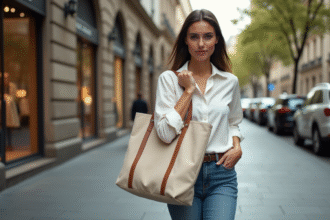 Femme urbaine avec sac en toile dans une rue chic