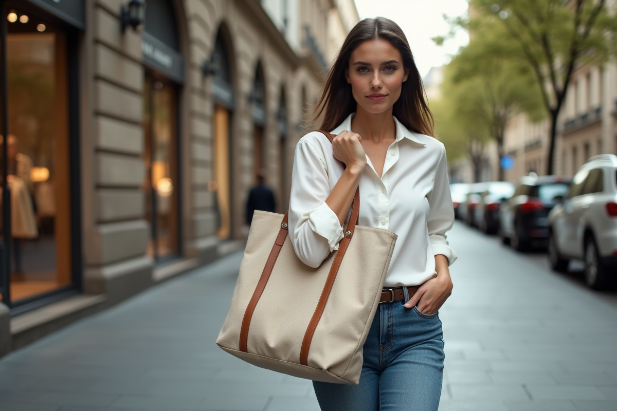 Femme urbaine avec sac en toile dans une rue chic