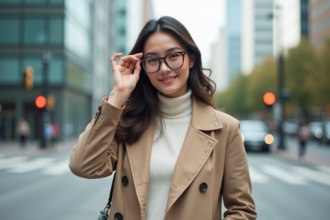 Femme élégante ajustant ses lunettes dans la ville