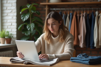 Jeune femme vendant des vêtements d'occasion sur son ordinateur
