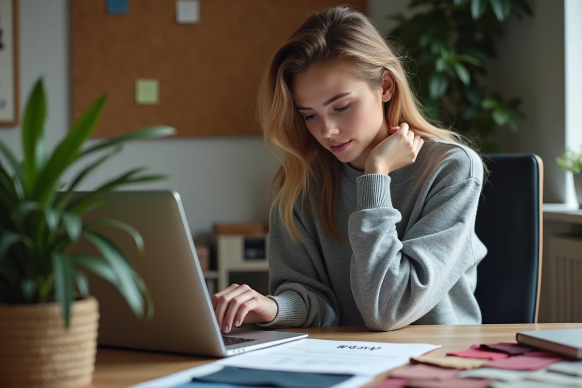 Femme vérifiant les options de personnalisation d'un boxer en ligne avec des échantillons de tissu sur son bureau