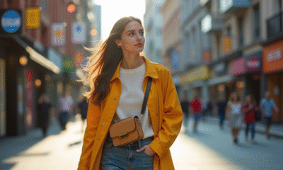 Jeune femme mode marchant en ville dynamique