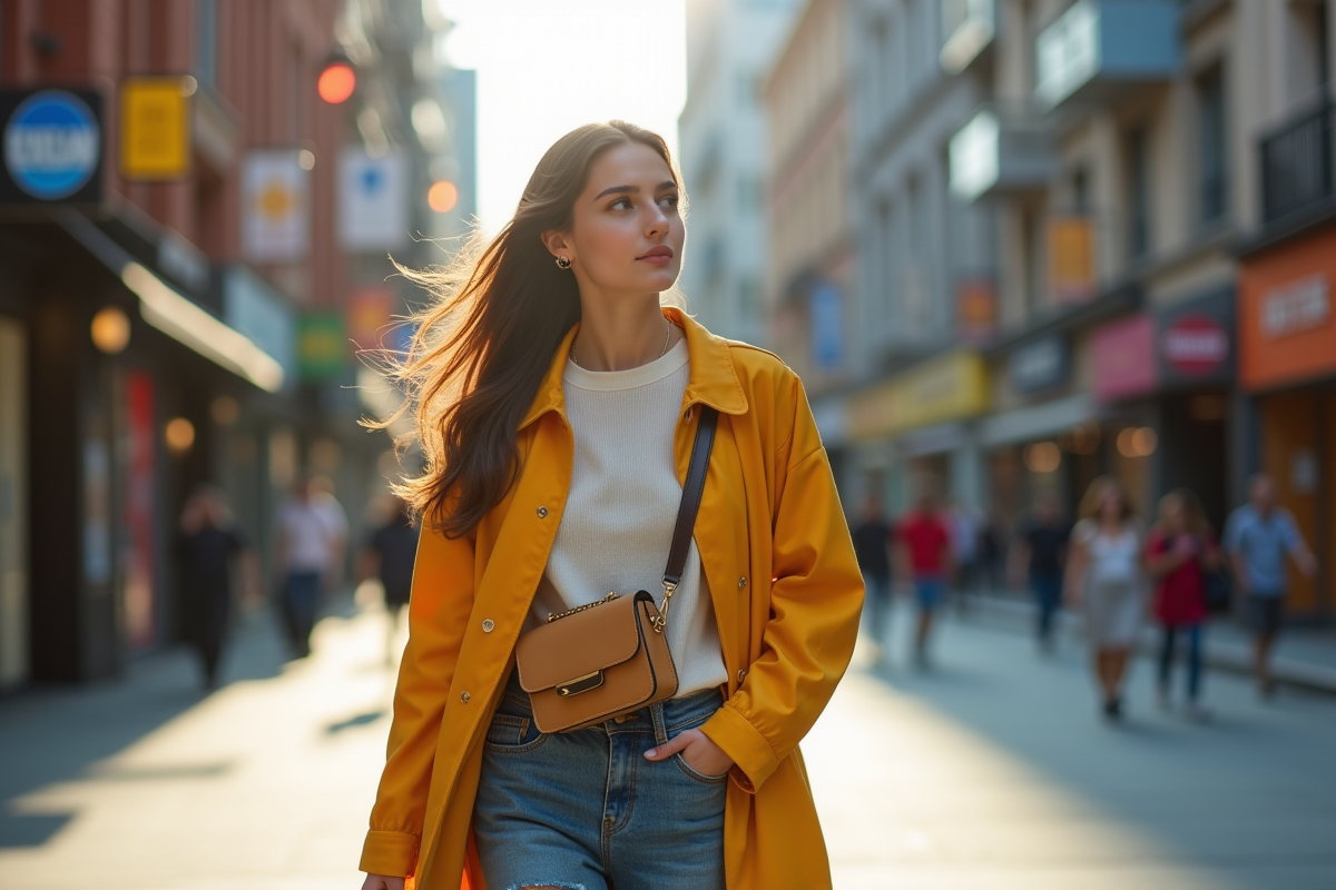 Jeune femme mode marchant en ville dynamique