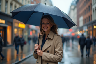 Femme en trench beige dans la ville sous la pluie
