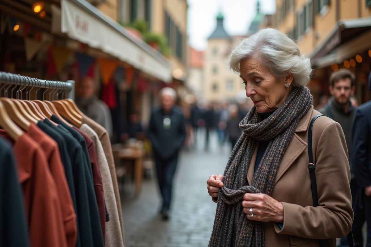 Femme âgée examinant une écharpe dans un marché vintage extérieur